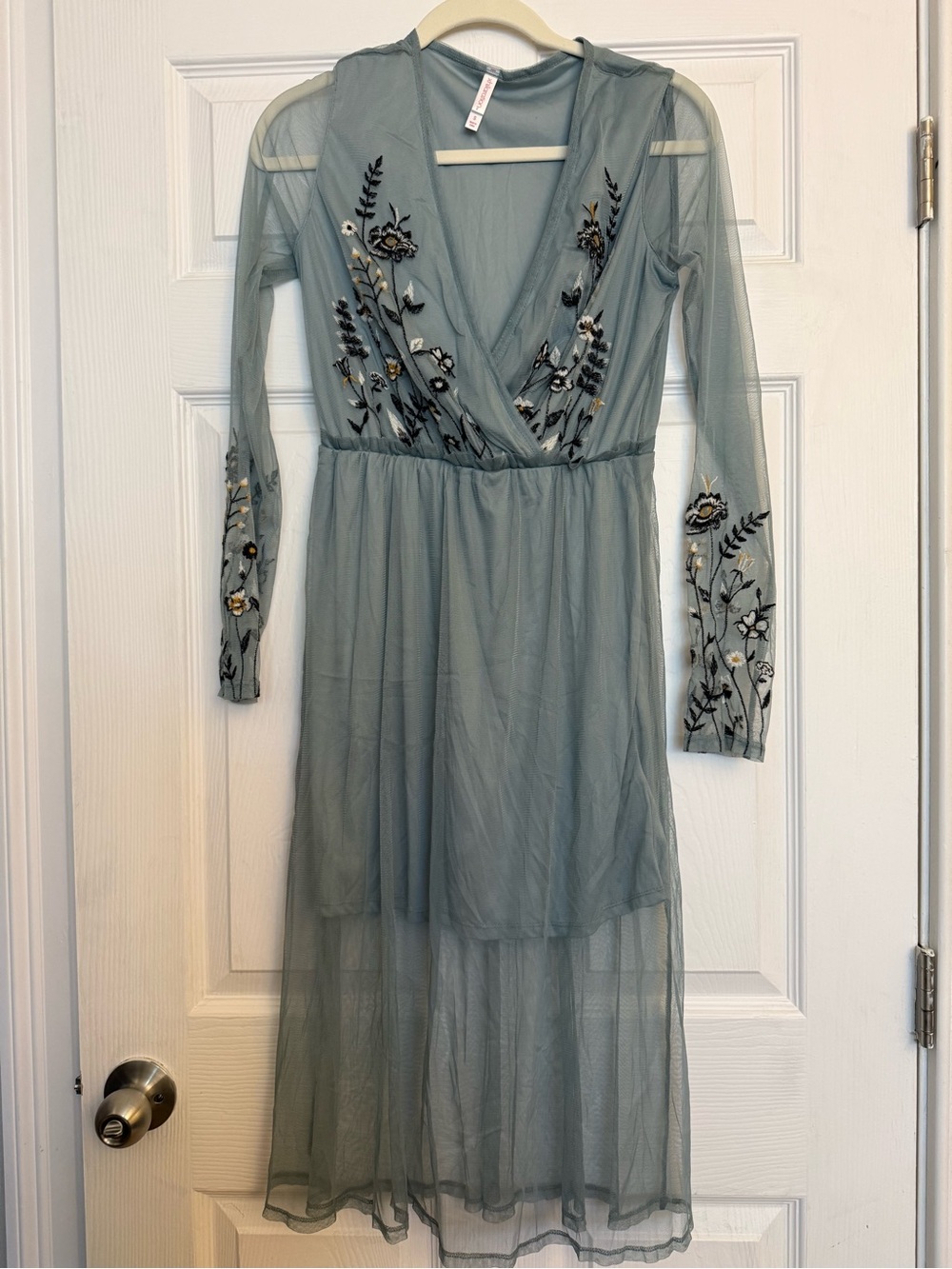 Sheer Embroidered V-Neck Maxi Dress in Sage